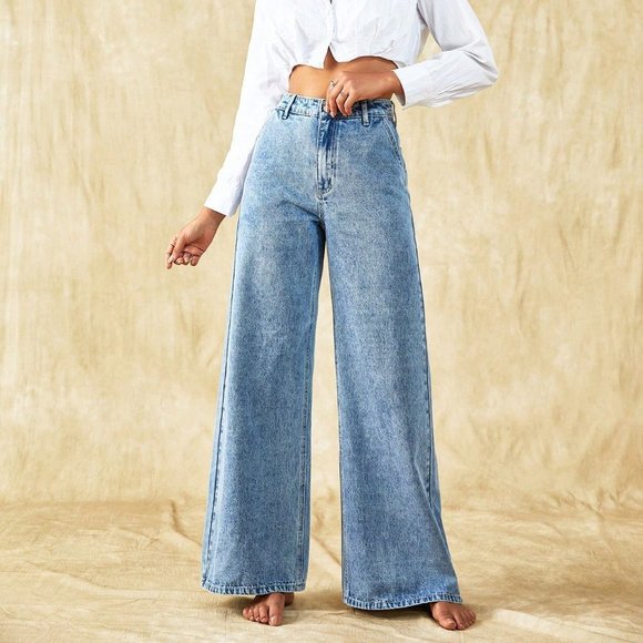 Light Wash Casual Womens Solid Wide Leg Jeans - Picture 1 of 5